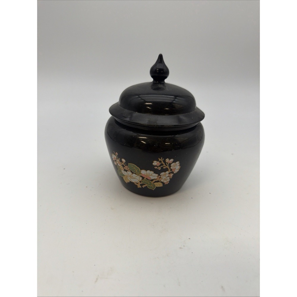 1974 Vintage Avon Black Glass Amethyst Cherry Blossom Lidded Ginger Jar